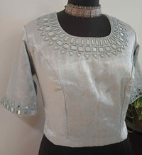 Buy Silver Ash Grey Gaji Silk Mirrorwork Blouse Combo | Perfect for B2B Orders