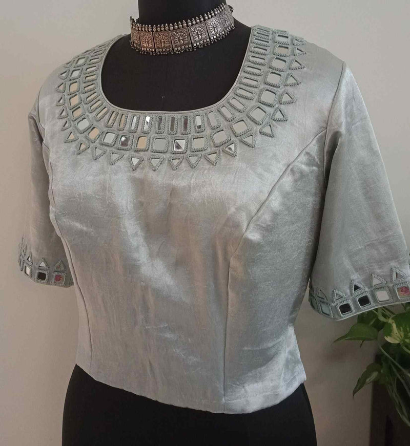 Buy Silver Ash Grey Gaji Silk Mirrorwork Blouse Combo | Perfect for B2B Orders