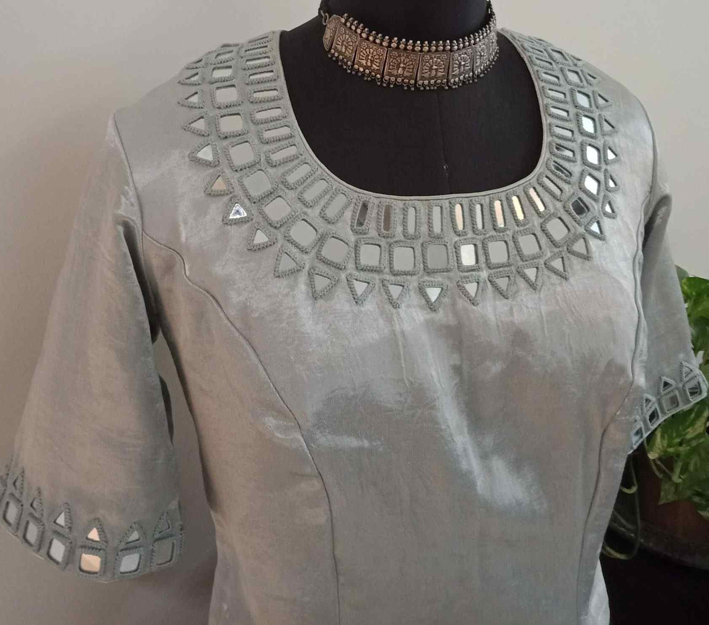 Silver Ash Grey Gaji Silk Mirrorwork Blouse