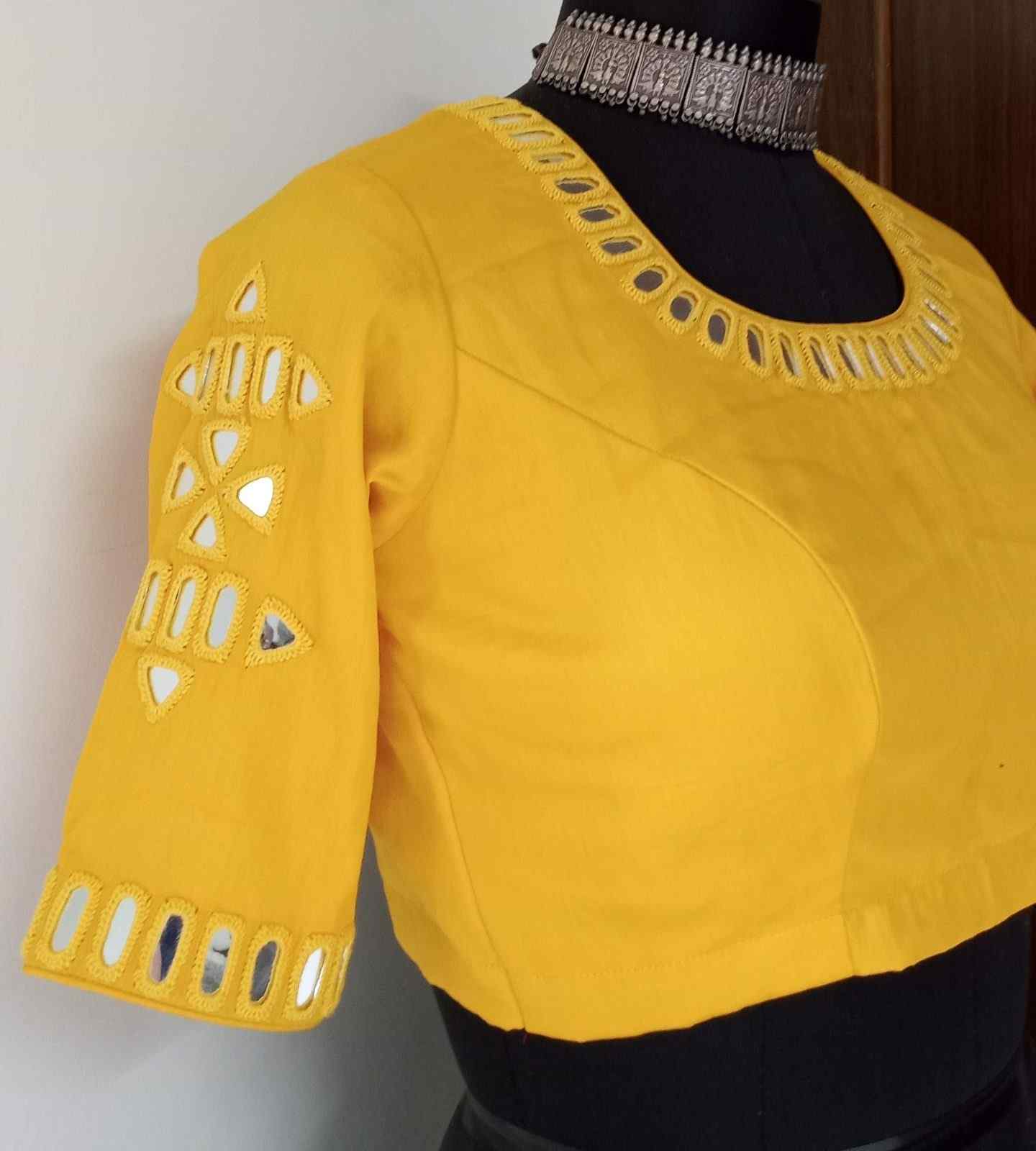 Sunshine Yellow Cotton Silk Mirror Work Blouse