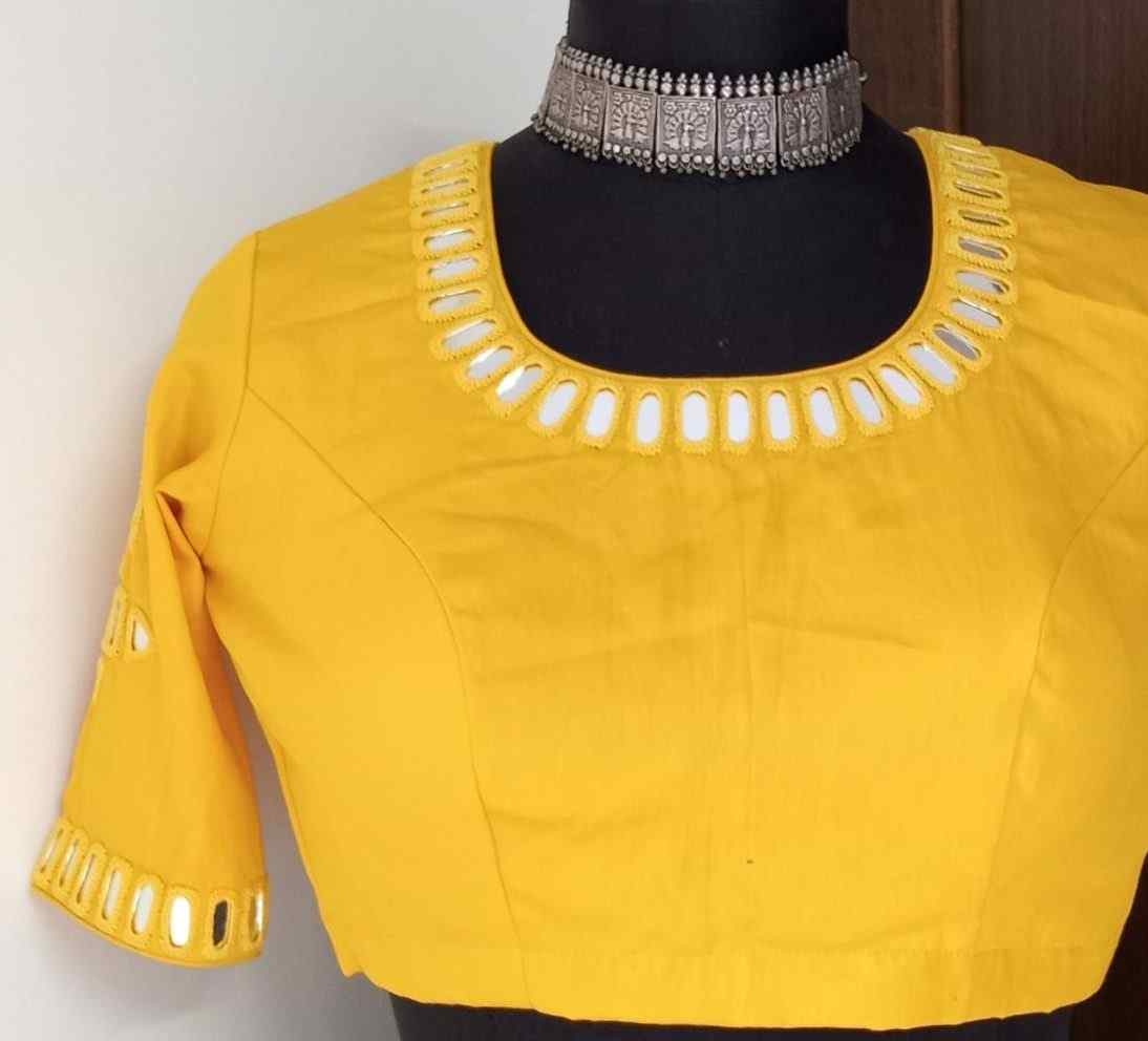 Sunshine Yellow Cotton Silk Mirror Work Blouse