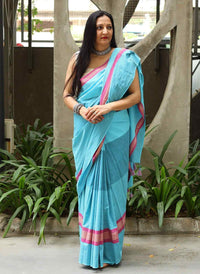 Buy Turquoise Blue Saree with Pink Border | Godhuli