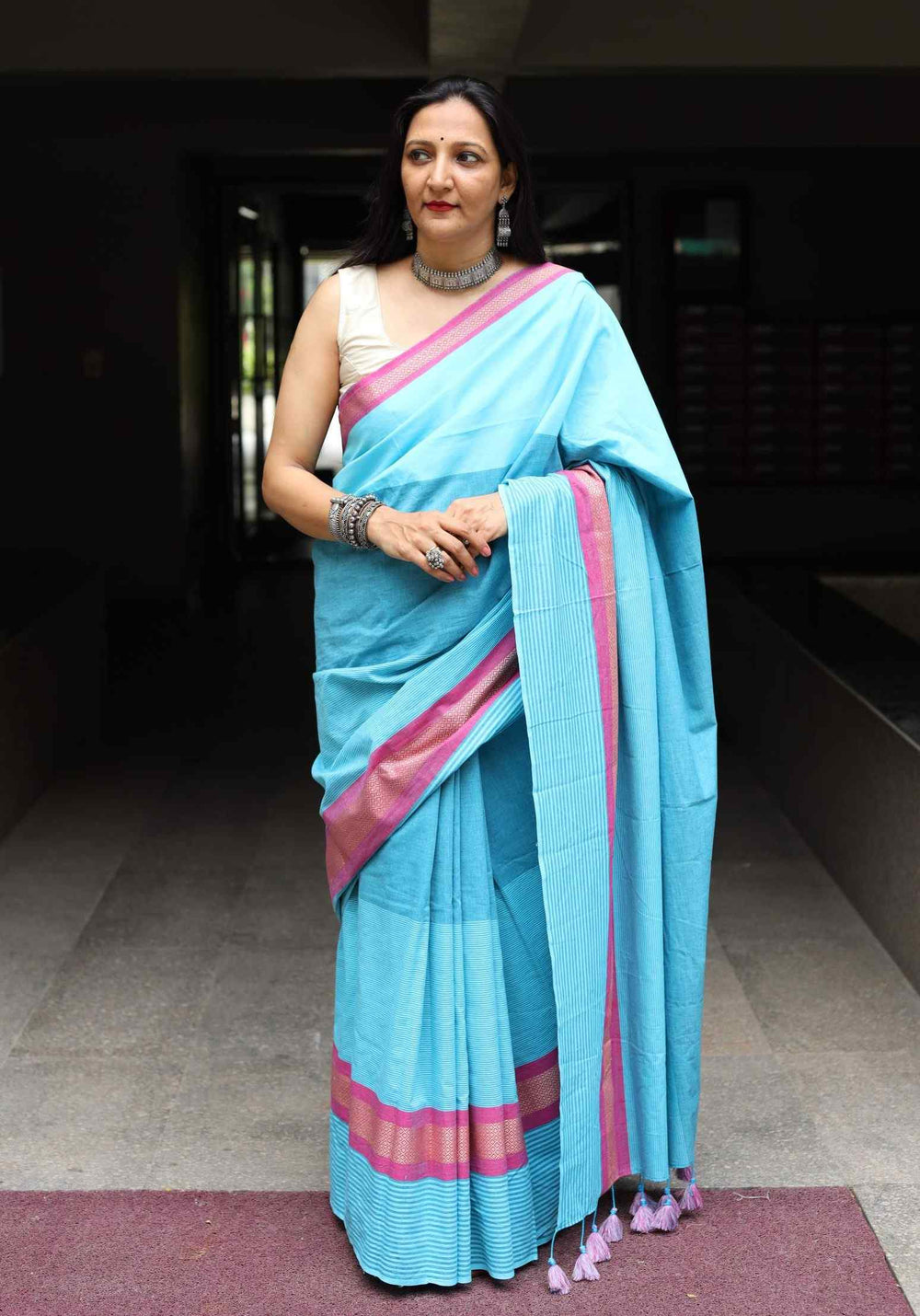 Buy Turquoise Blue Saree with Pink Border | Godhuli