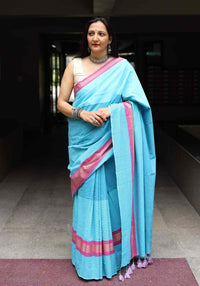 Buy Turquoise Blue Saree with Pink Border | Godhuli
