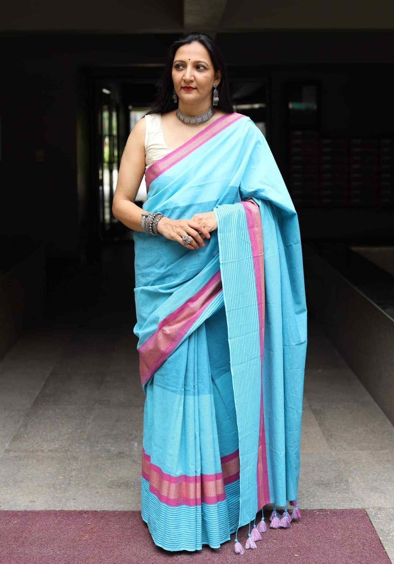 Buy Turquoise Blue Saree with Pink Border | Godhuli