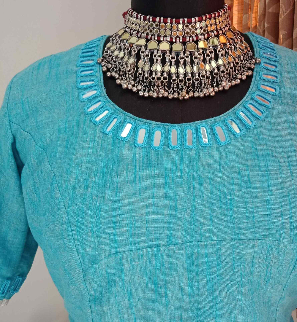 Turquoise Plain Mirror Work Readymade Blouse | Godhuli