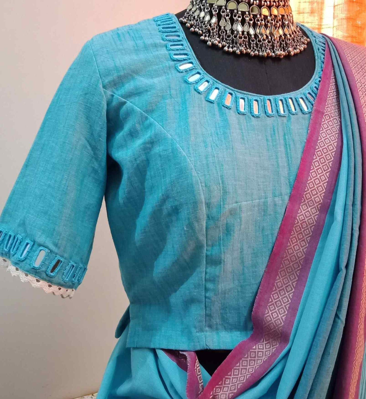 Turquoise Plain Mirror Work Blouse