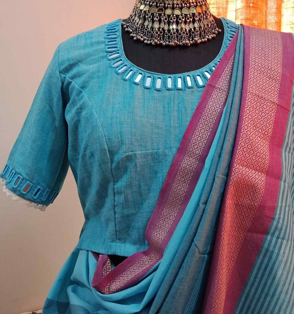 Turquoise Plain Mirror Work Readymade Blouse | Godhuli