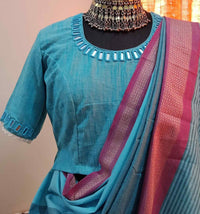 Turquoise Plain Mirror Work Readymade Blouse | Godhuli