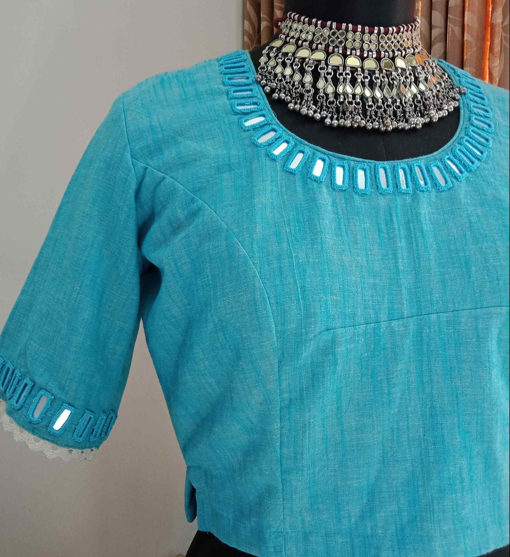 Turquoise Plain Mirror Work Readymade Blouse | Godhuli
