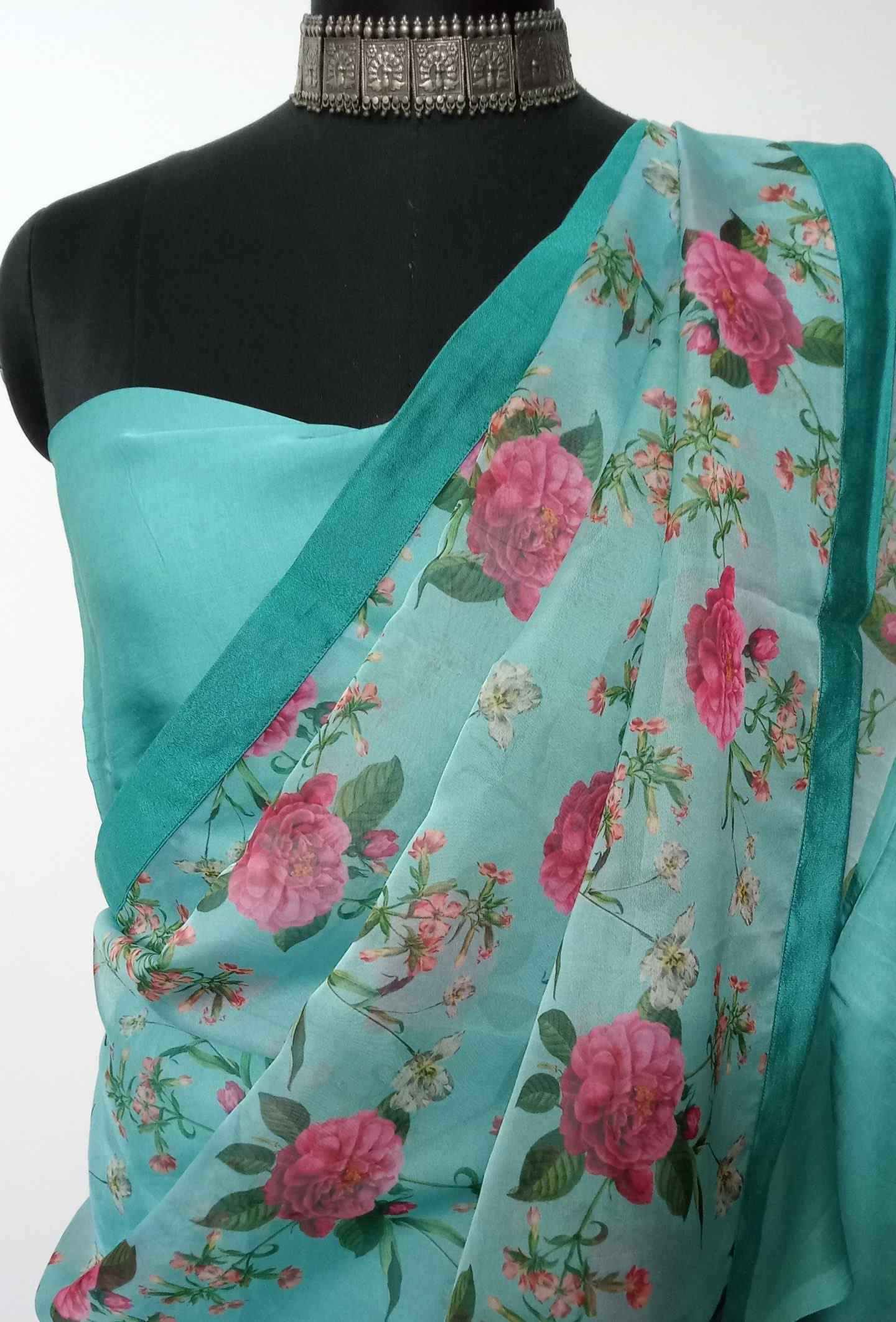 Aqua Green Floral Organza Saree