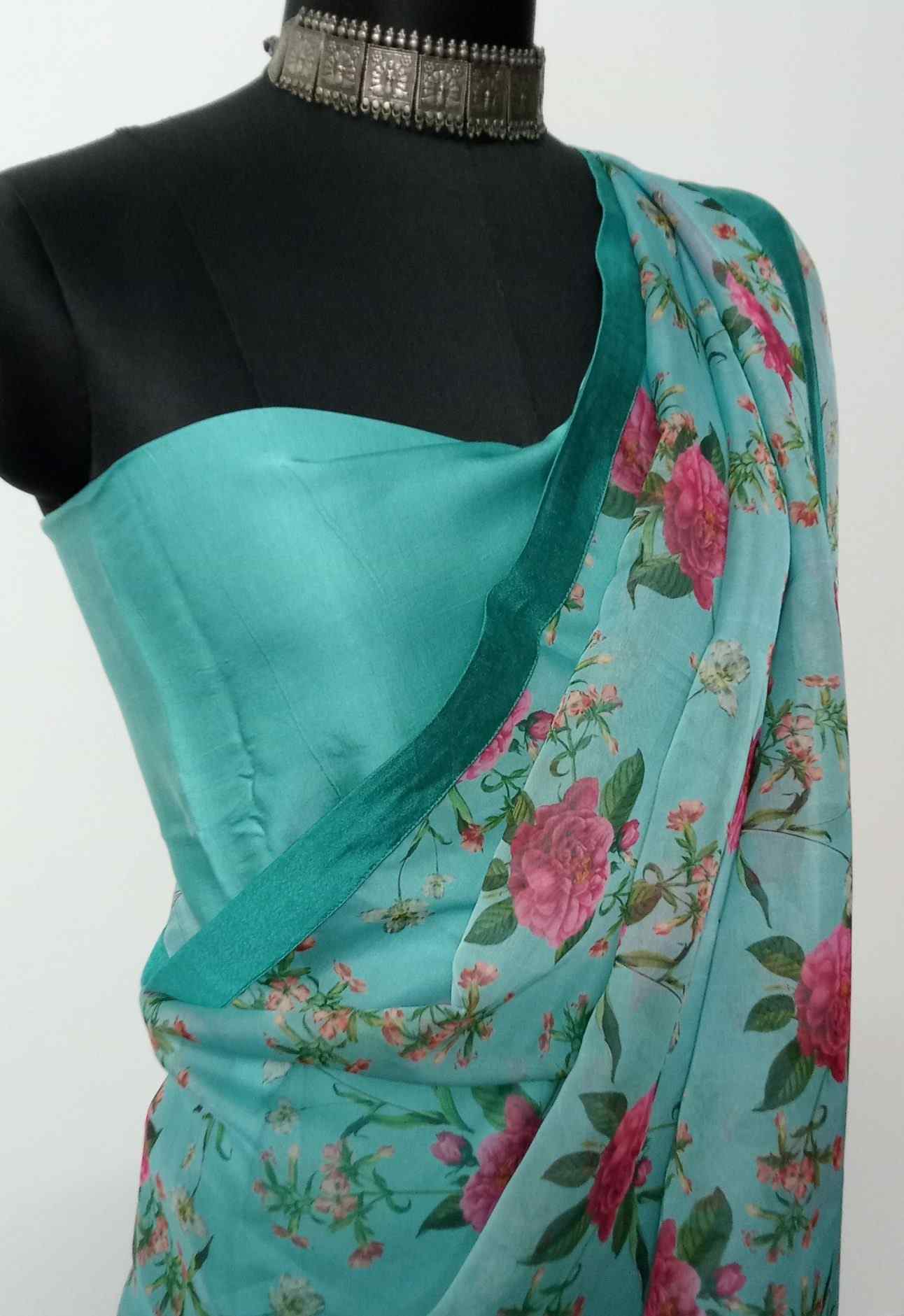 Aqua Green Floral Organza Saree