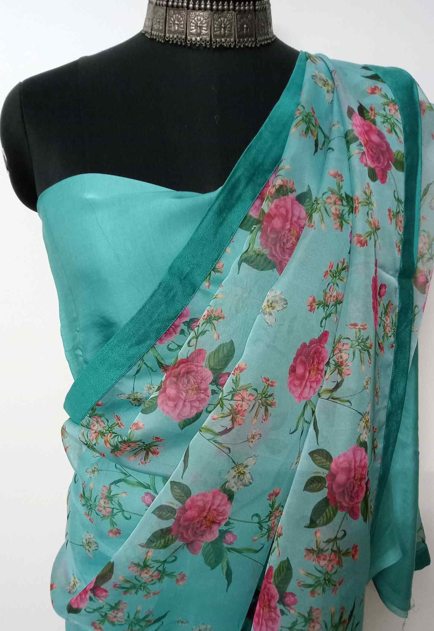 Aqua Green Floral Organza Saree