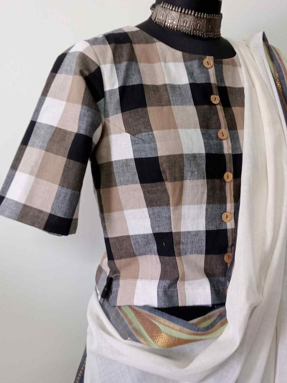 Buy Brown Black Checkered Crop Top Blouse | Godhuli