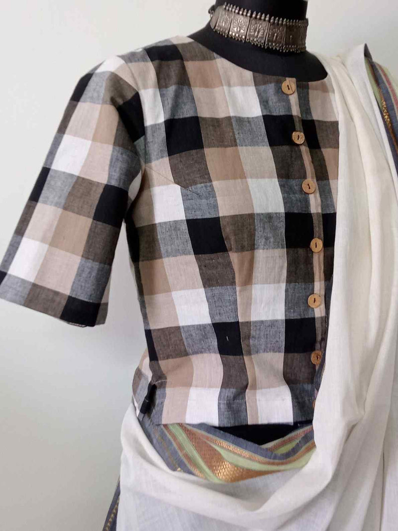 Buy Brown Black Checkered Crop Top Blouse | Godhuli