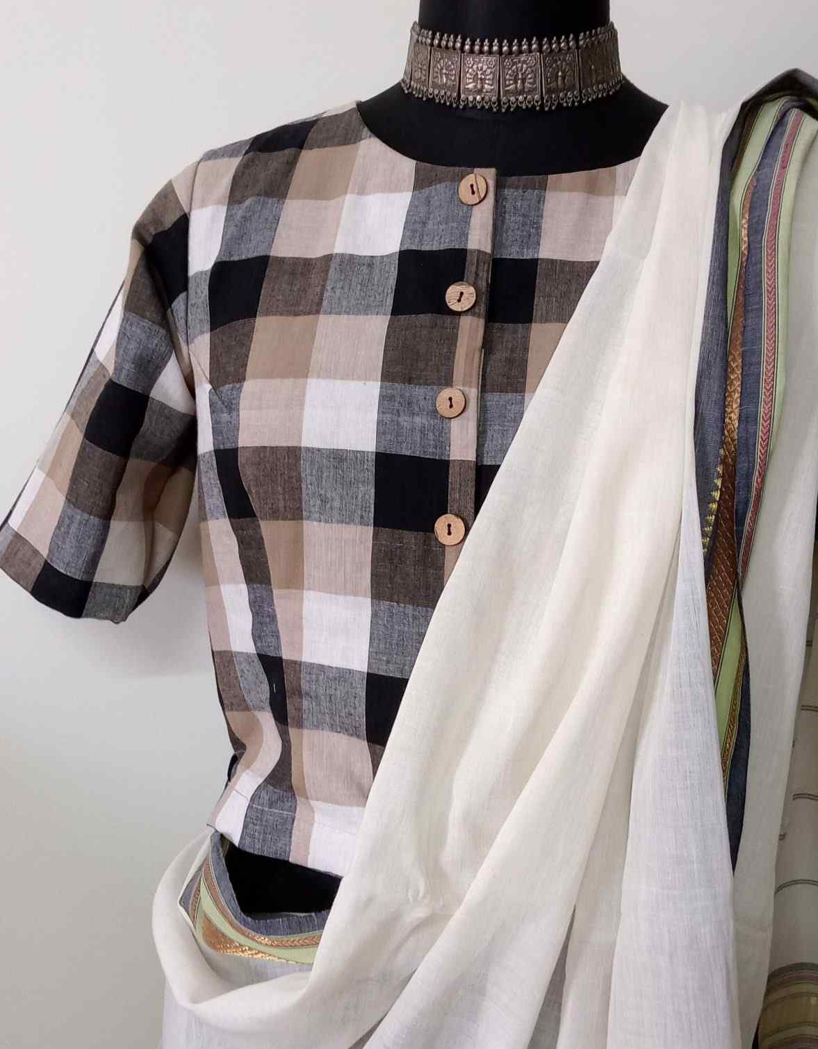 Brown Black Checkered Crop Top Blouse