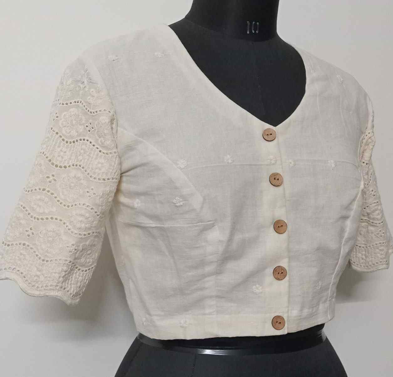 Ivory Embroidered Blouse with Cutwork Sleeves