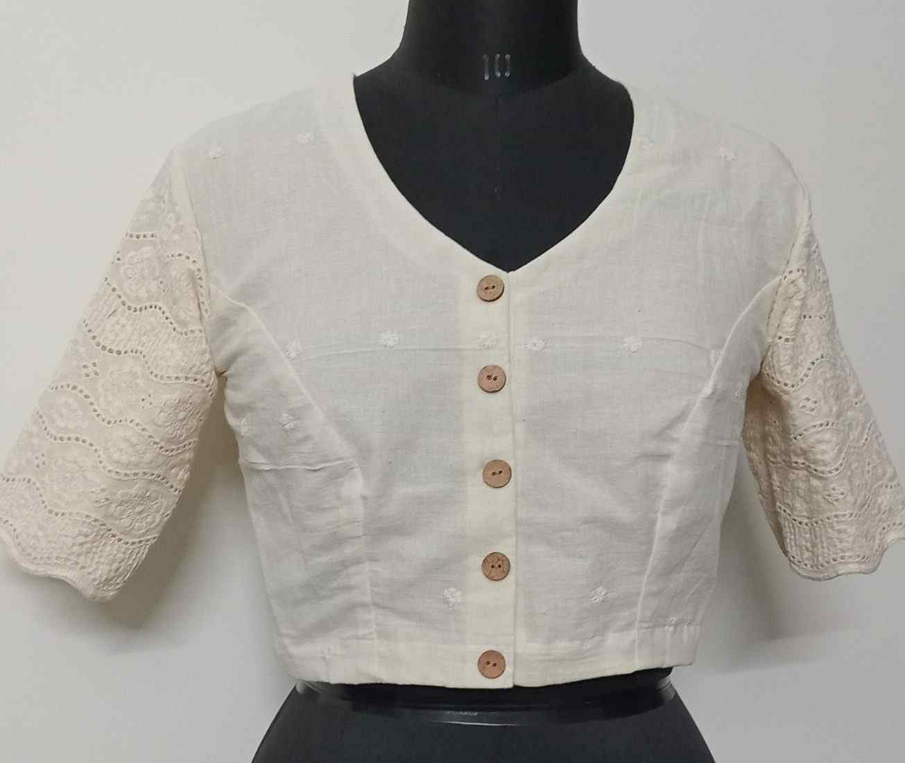Ivory Embroidered Blouse with Cutwork Sleeves