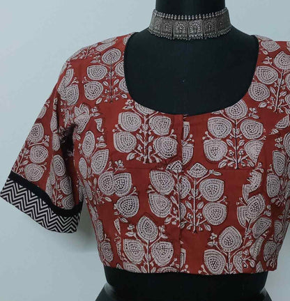 Madder Colour Dabu Blouse with Floral Motifs