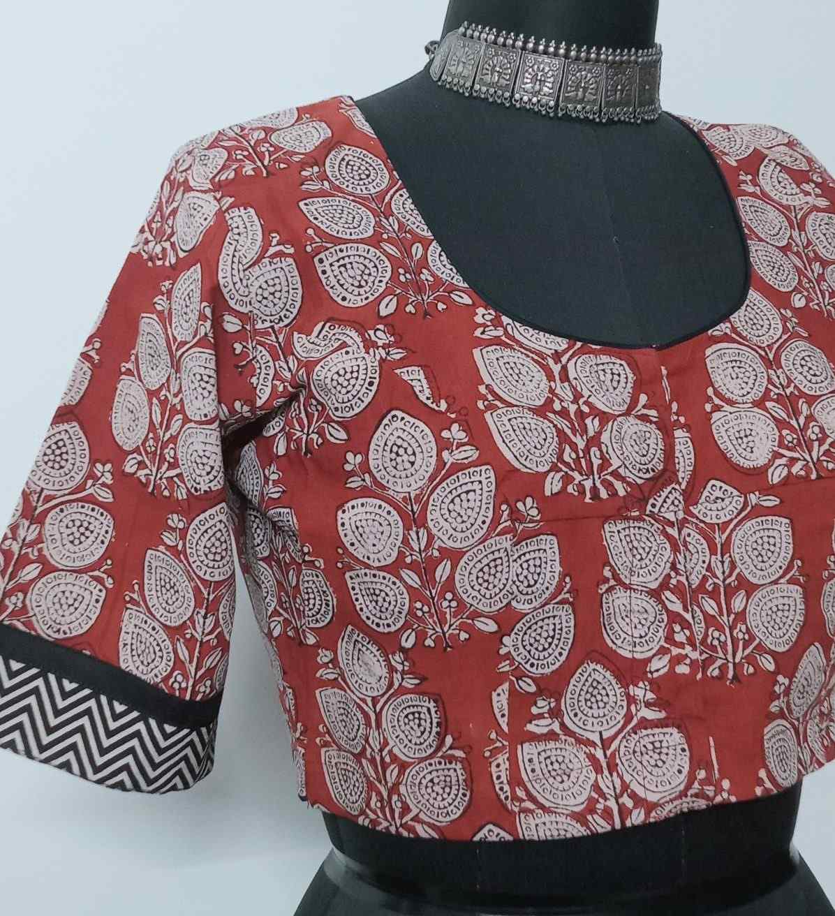 Madder Colour Dabu Blouse with Floral Motifs