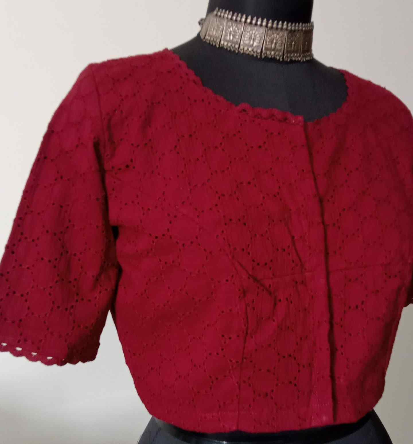 Maroon Cut Work Blouse with Sleeves