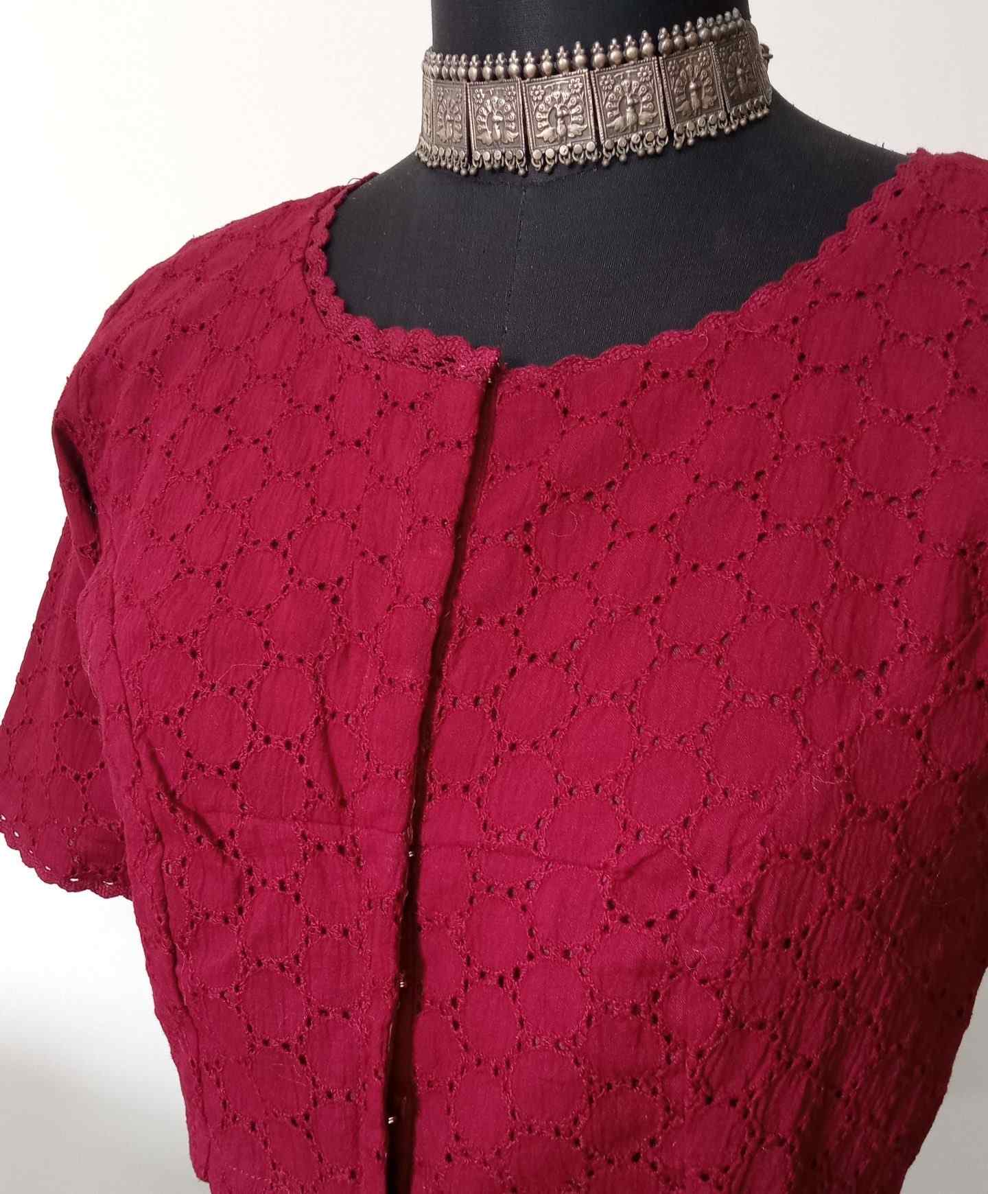 Maroon Cut Work Blouse with Sleeves