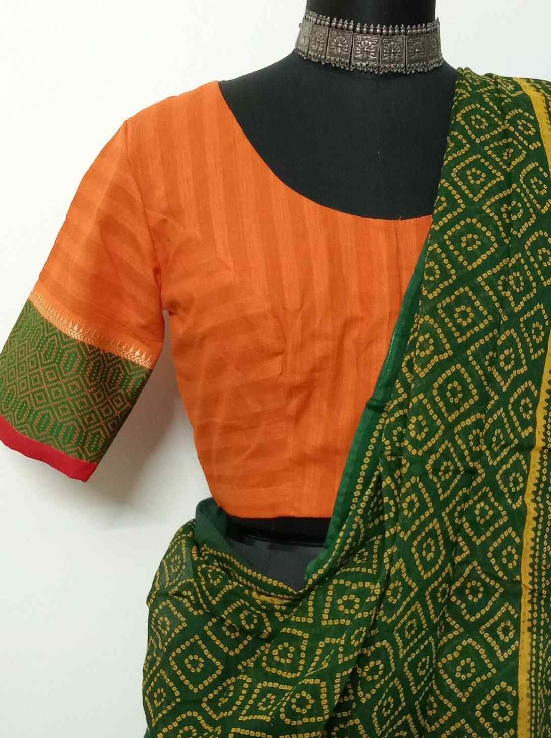 Orange Striped Blouse with Jaquard Border Sleeves