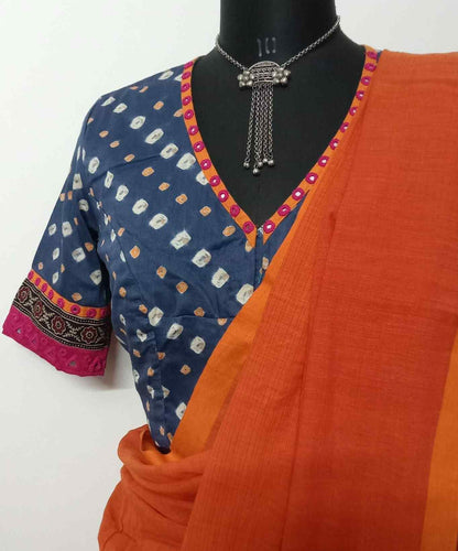 Prussian Blue Grey Bandhani Blouse with Mirror Work