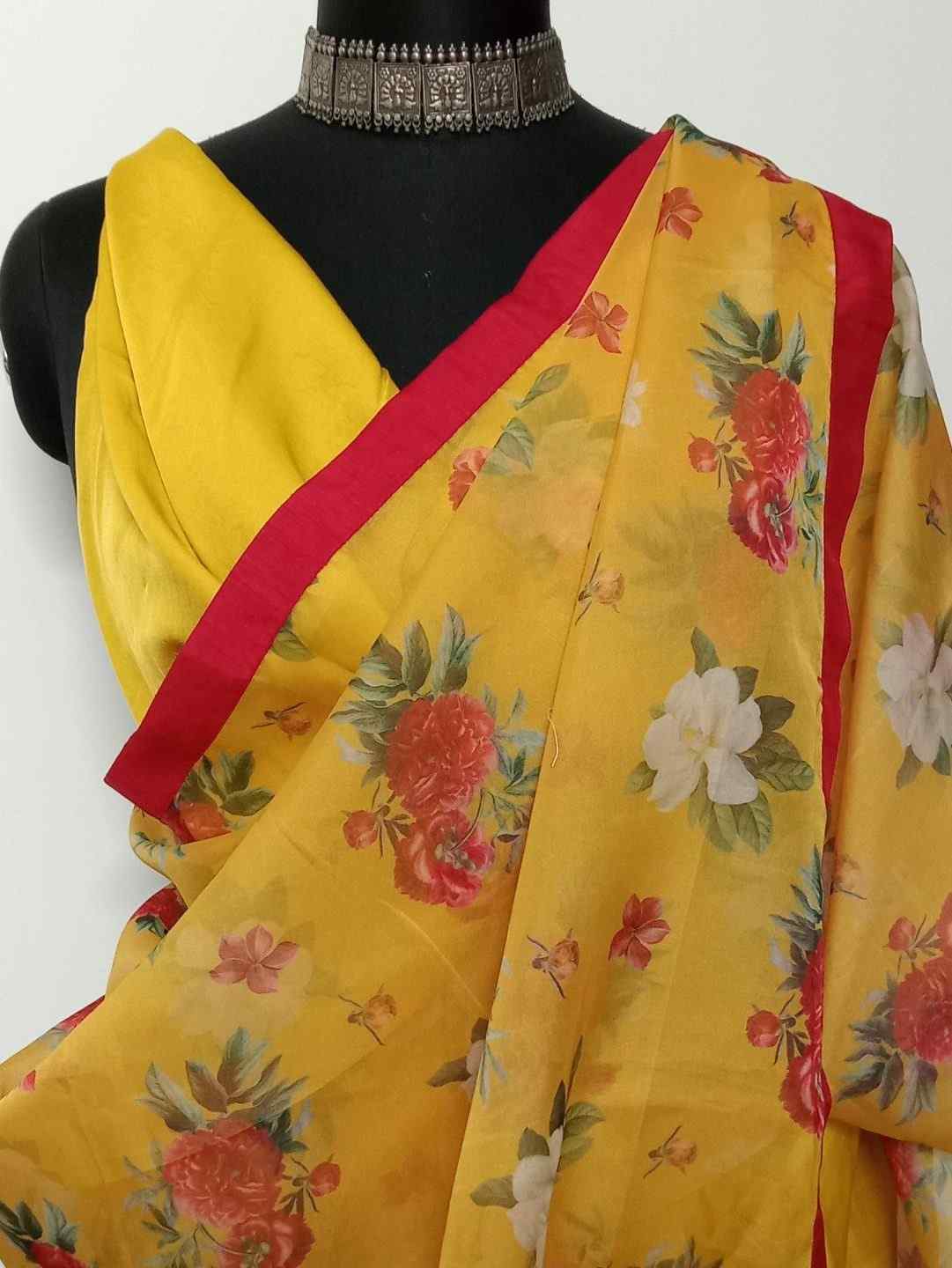 Lemon Yellow Floral Print Organza Saree